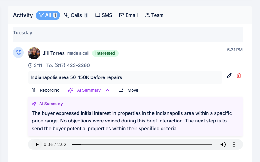 Buyer activity feed showing call history, SMS messages, and engagement tracking