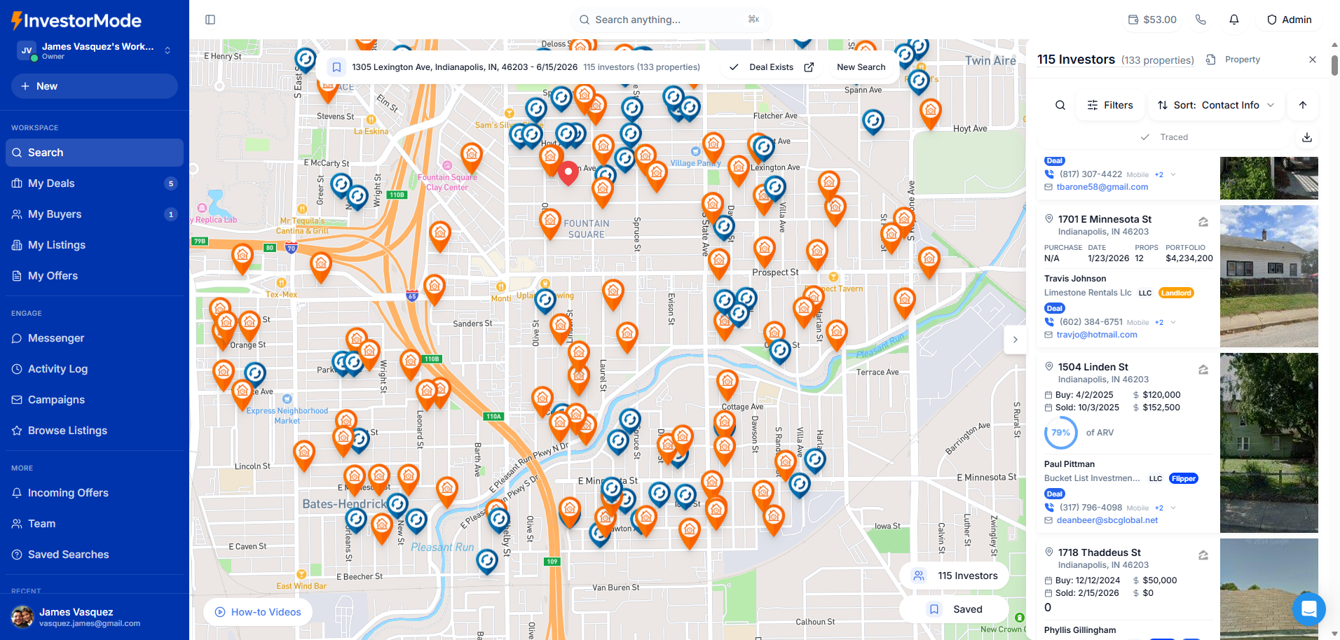 InvestorMode map view showing nearby active investor buyers around a deal