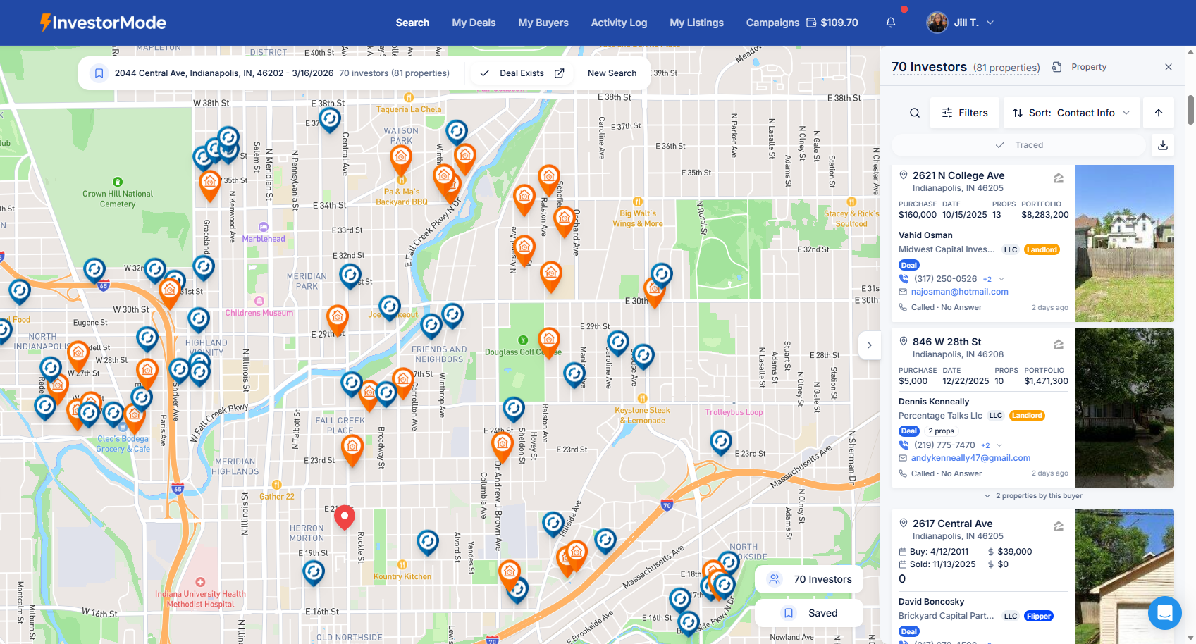InvestorMode Platform Dashboard showing cash buyer search interface